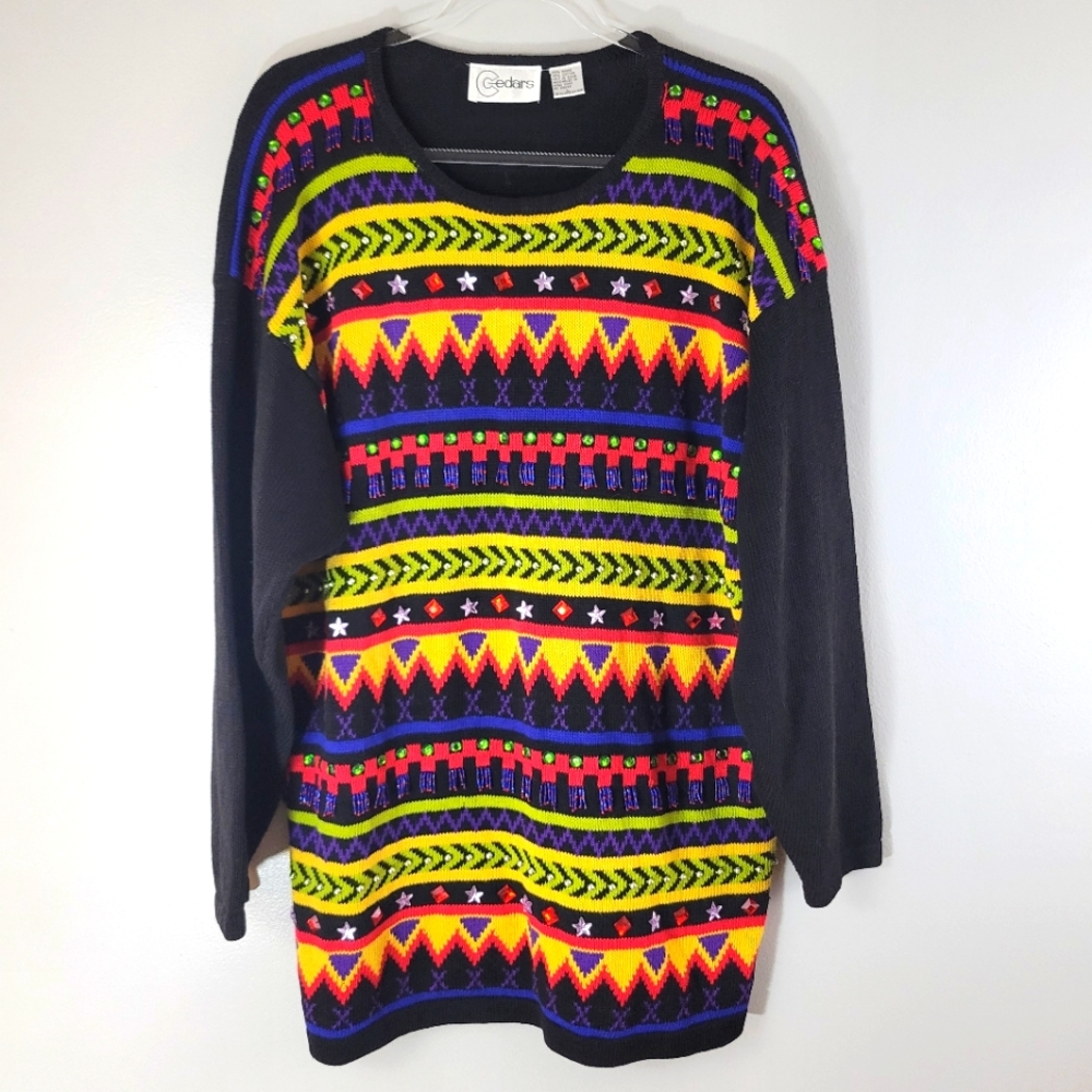 Vintage CEDARS ramie cotton tribal beaded jeweled striped gaudy popover sweater